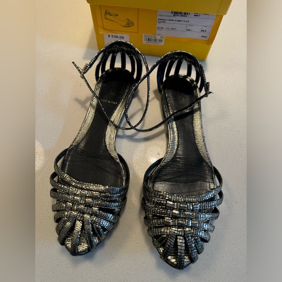 FENDI black metallic leather flat sandals size 36.5 - Picture 1 of 9